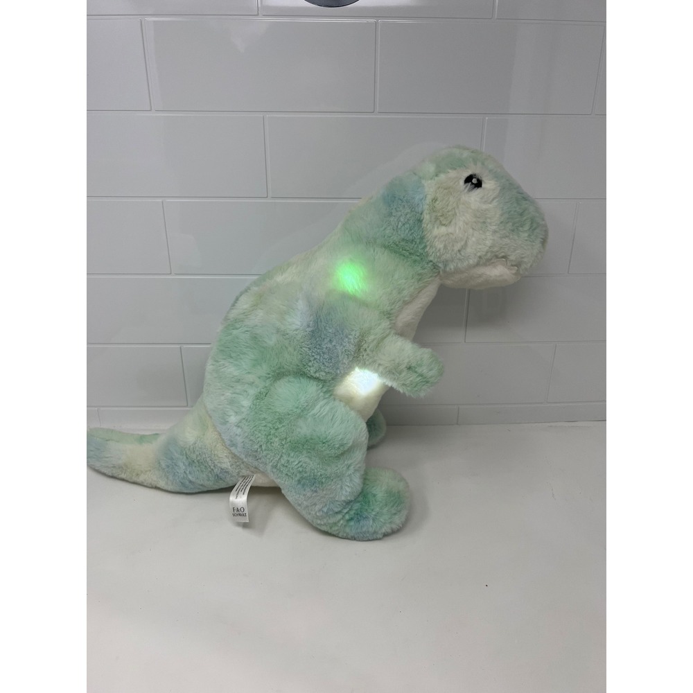 FAO Schwarz LED Light Up T-Rex Dinosaur Plush Tie Dye Green Blue 12 Inch